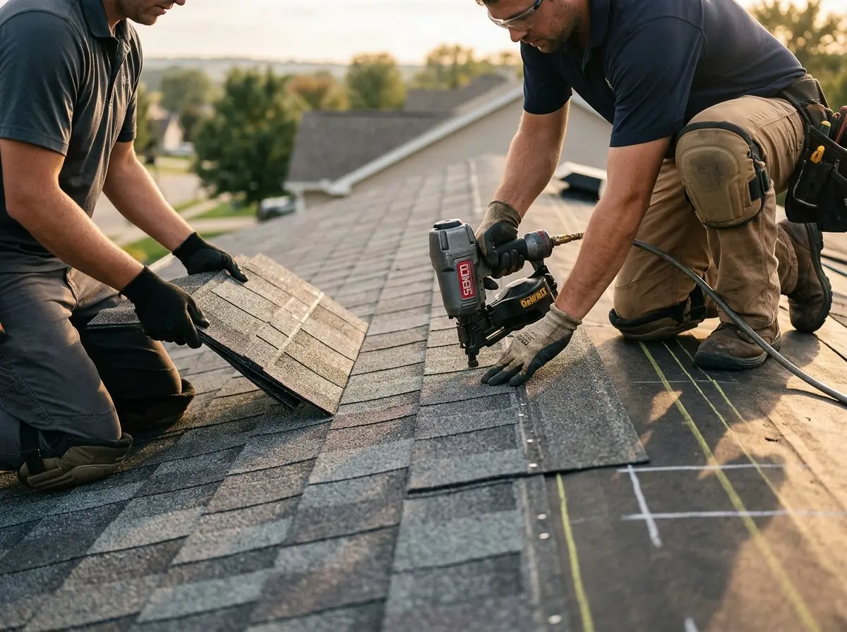 Professional roofer working on a residential roof in New Canaan